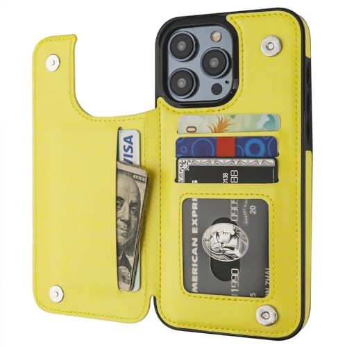 ONETOP Compatible with iPhone 15 Pro Max Wallet Case with Card Holder, PU Leather Kickstand Card Slots Case, Double Magnetic Clasp and Durable Shockproof Cover 6.7 Inch (Yellow)