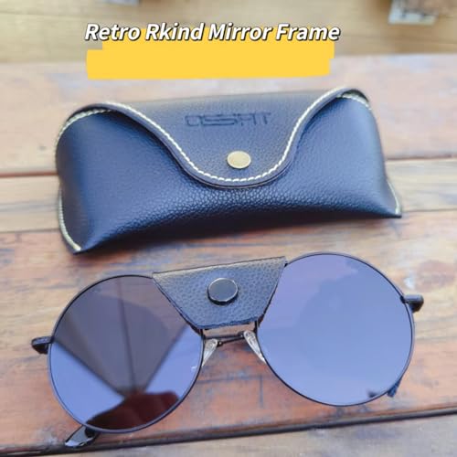 OSSAT sunglasses with side shields round Steampunk eyewear cowhide Shield wind proof sunshade For Men Women metal Frame4