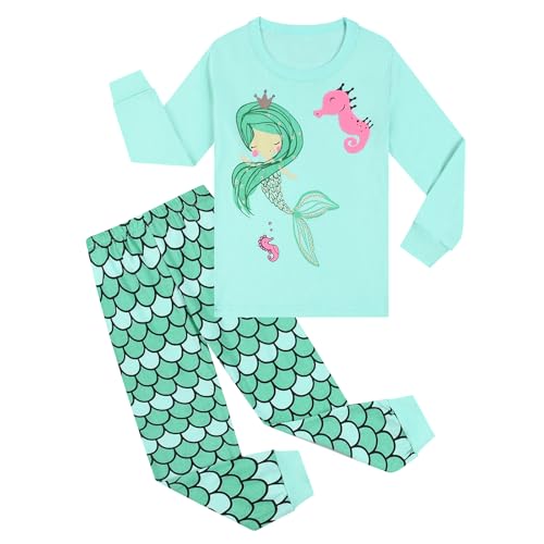 Pilipulu Mädchen Schlafanzüge Langarm Baumwolle Meerjungfrau Schlafanzug Kinder Mermaid Pyjama Set Nachtwäsche 128 Grün/Meerjungfrau