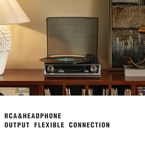 Vintage All-in-One Record Player with Built-in Speakers, 3-Speed 33/45/78 RPM Turntable, FM Radio, RCA & Headphone Output, Black Wood Finish — No Bluetooth - Les Beatles, Paul McCartney, John Lennon, RIngo Starr, George Harrison Vintage All-in-One Record Player with Built-in Speakers, 3-Speed 33/45/78 RPM Turntable, FM Radio, RCA & Headphone Output, Black Wood Finish — No Bluetooth – Image 5