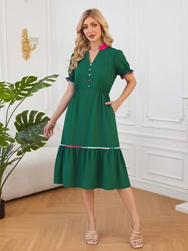 ECOWISH Womens Summer Dresses 2026 Casual Puff Short Sleeve V Neck Floral Boho Tiered Ruffle Maxi Dress with Pockets Dark Green X-Large — view 5