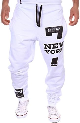 COTTORY Men's Harem Casual Baggy Hiphop Dance Jogger Sweatpants Trousers White Large