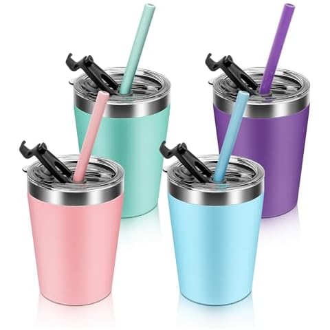 Rommeka Toddler Straw Cups, 8oz Stainless Steel Insulated Tumblers with Lids and Straws, Powder Coated Double Wall Vacuum Kids Drinking Sippy Cups for Baby Boys Girls, 4 Pack Cover