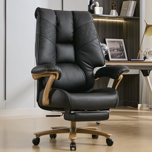 EXCEBET Big and Tall Executive Office Chair with Footrest, 400LBS Capacity Ergonomic High-Back Desk Office Chair with Lumbar Support, Padded Armrests & Thick Cushion, Black PU Leather Chairs