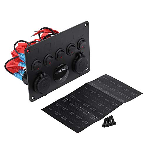 5 Gang On/Off Toggle Switch Panel with Dual USB and 0-24V Voltmeter, Built - in Overload Protection, LED Indicator for Car Boat RV Truck 12-24V (Luz roja)