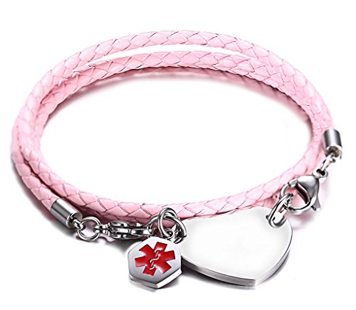 JF.JEWELRY 3 Layers Pink Leather Rope Braided Heart Medical Alert ID Bracelet for Women,Free Engraving