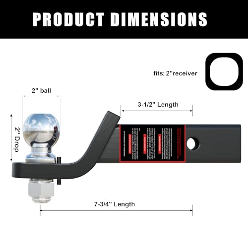 Image of TYT Trailer Hitch Ball Mount with 2 Inch Ball & Pin, Fits 2 Inch Receiver, 7500lbs, 2 Inch Drop, Upgraded Hitch Kit Black with Anti-Rattle Pin