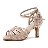 VCIXXVCE Women's Rhinestones Ballroom Dance Shoes Nude Suede Sole 3 Inch Heel Latin Salsa Bachata Performance Dance Heels,7.5 US