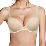 Pushlus Push Up Thick Padded Plunge Underwire T Shirt Lace Bra Lift Support for Women Add One Cup 40B Nude
