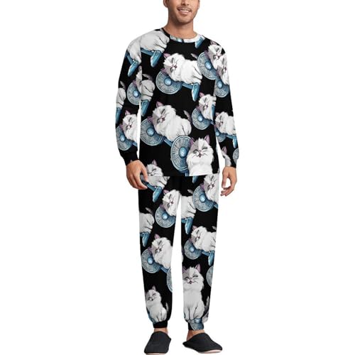 Cute Cat Print Mens Pajamas Set Long Sleeve Sleepwear Pjs Set Shirts And Bottoms Sleep Sets Loungwear