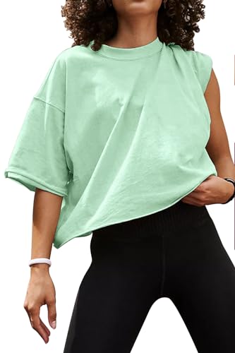 Image of HUGOOME Womens Oversized Workout Crop Top Casual Short Sleeve Boxy Roll Hem | Basic Half Split Sleeve Drop Shoulder Loose Yoga Running Gym Tee Cropped T-shirt Solid Trendy Relaxed Daily Tee