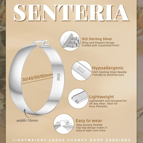 Senteria 10mm Wide Chunky 14K Gold Plated Hoop Earrings for Women Hypoallergenic Thick 925 Sterling Silver Hoops Earring Lightweight Large Silver Hoop Earrings for Women (30/40/50/60MM)4