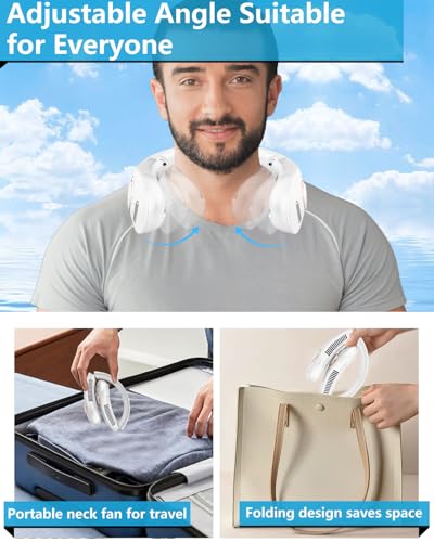 Image of Neck Fan that Blow Cold Air with Mist Spray, USB-C Rechargeable with LED Display, Portable Folding Bladeless Mister Cooling Device, Personal Headphones Fan for Women Men Kids Outdoor (Bright white)