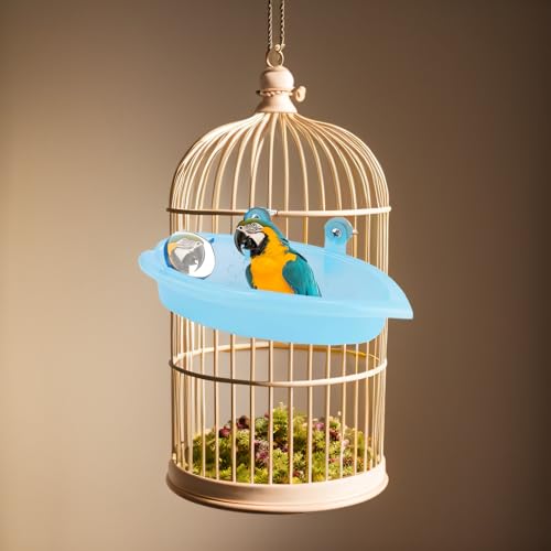 Image of Pssopp Bird Bathtub, Hanging Bird Bath Cube Cute Pet Bird Bathing Box Bird Shower Bathtub Accessories with Mirror pet Bird Bath Parakeet Bird Bath Bird Cage Toy Accessory Blue