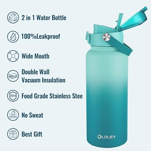 Image of OLDLEY 32oz Insulated Water Bottle with 2-in-1 Straw & Chug Lid, Leakproof Stainless Steel Bottle, Double Wall Vacuum Insulated Water Bottle for Sports, Gym, Travel, Teal Ombre