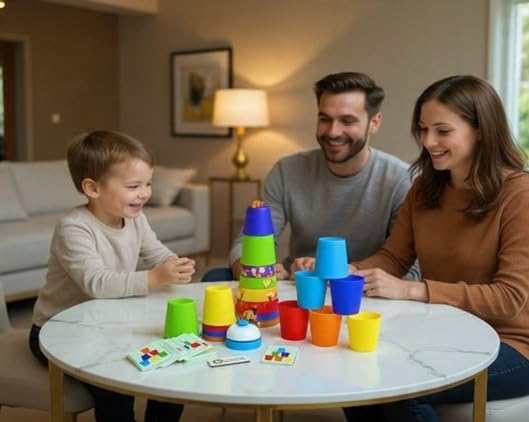 Image of Awestuffs Stacking Cups Game for Kids - 12 Stacking Cups + 50 Pattern Cards + Bell | Fun Family Party Game | Montessori Brain Boosting Puzzle STEM Toy (Stacking Cups Game)