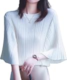 [newNE] フレアスリーブ リブトップス 七分袖 ニットソー きれいめ 通勤 オフィス ベルスリーブ 上品 カジュアル 春夏 ゆったり フィット Aライン 体型カバー 30代 40代 50代 ホワイト レディース 6S-W06-WH