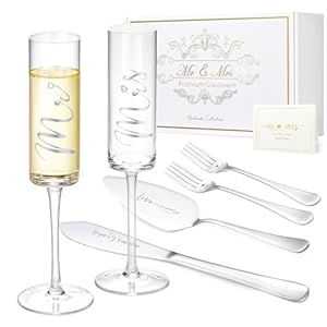 ROXBURGH Wedding Cake Knife and Server Set Bride and Groom Mr and Mrs Champagne Flutes Forks with Giftable Box Cake Cutting Set for Wedding Engagement Bridal Shower Gifts