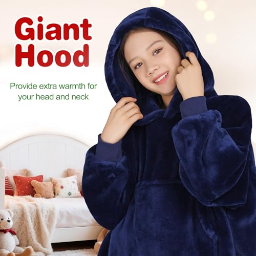 Image of Waitu Wearable Blanket for Kids, Wearable Blanket Hoodie for Teens Girls Boys, Warm Blanket Sweatshirt Gift for Teenage, Hoodie Blanket with Sleeves - Navy