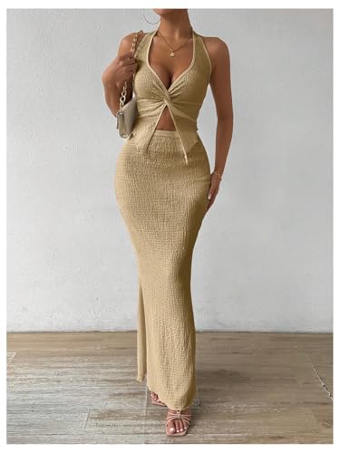 Image of SOLY HUX Women's Two Piece Outfits Twist Front Halter Cami Tops and Skirt Summer Set
