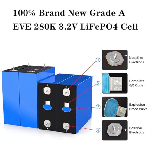 Image of EVE LiFePO4 Cell 3.2V 280Ah 280K Grade A Battery Deep Cycle Lithium Iron Phosphate Rechargeable Battery with QR Code,M6 Nuts and Bus Bars