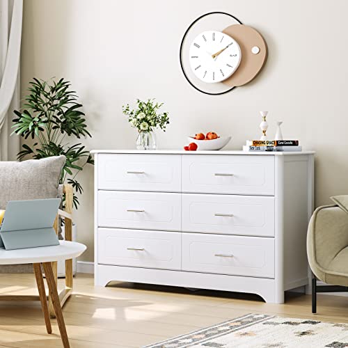Hosatck 6 Drawer Dresser For Bedroom, Modern White Dressers, Wide Chest Of Drawers With Metal Handels, Wood Storage Dresser Chest For Bedroom, Closet, Hallway, Living Room, White #TOP1