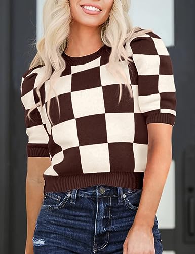 Image of Womens Puff Short Sleeve Sweater Tops Crewneck Basic Knit Pullover Lightweight Casual Sweaters