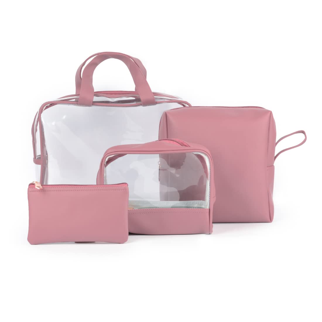 Nestasia Travel Pouch, Organizer, Toiletry Kit | Pink Set of 4 Zipped Pouches of Different Sizes | Ideal for Travel Essentials | Vegan Leather Waterproof Travel Kit for Men & Women