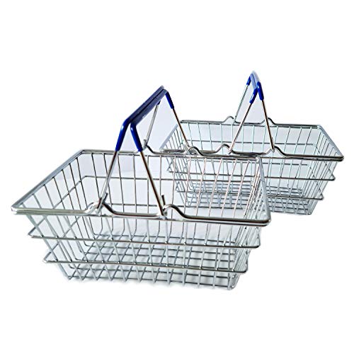 Lot de 2 Mini paniers de supermarché Caddie déco en métal, Vide-Poche Rangement Amusant pour la Salle de Bain, la Cuisine ou Le Couloir, Couleur : argenté avec des poignées Bleues, 18 x 13 x 8 cm Cover