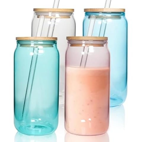 ANOTION Color Glass Cups with Lids and Straws - 18oz Borosilicate Glass Iced Coffee Cups Smoothie Cup with Bamboo Lid Glass Straw Reusable Colorful Glass Cups Coffee Cup Colored Glassware Sets 4 Packs Cover
