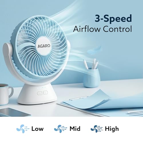 Image of AGARO Delight Rechargeable Mini Desk Fan, Portable, Type-C Charging, 3 Speed Modes, 360 Adjustable Tilt, LED Night Light, Up to 9 Hours Runtime, Quiet Table Fan, Home and Office
