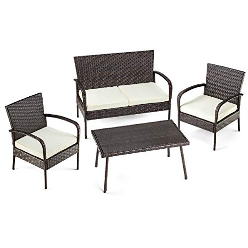 Pamapic Outdoor 4piece Patio Furniture Sets Ps Board Table Brown Embossing Pe Rattan Wicker Sofa And Chairs Set With Coffee Table Beige Cushion Buy Online In Malta Pamapic Products In Malta