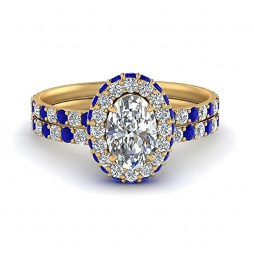 Image of Choose Your Gemstone Oval Halo Rollover Diamond CZ Wedding Ring Yellow Gold Plated Oval Shape Wedding Ring Sets Matching Jewelry Wedding Jewelry Easy to Wear Gifts US Size 4 to 12