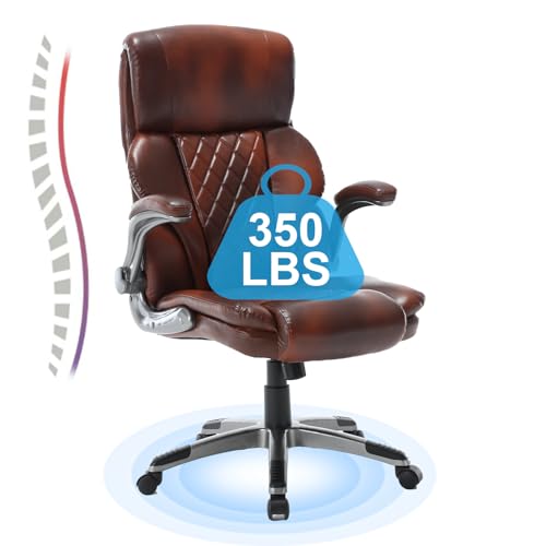 KCREAM Brown Leather Office Chair, Executive Ergonomic High Back Home Office Desk Chairs with Wheels Swivel Task Computer Chair with Flip-Up Arms,Lumbar Support,90-120°Rocking Managerial Chairs