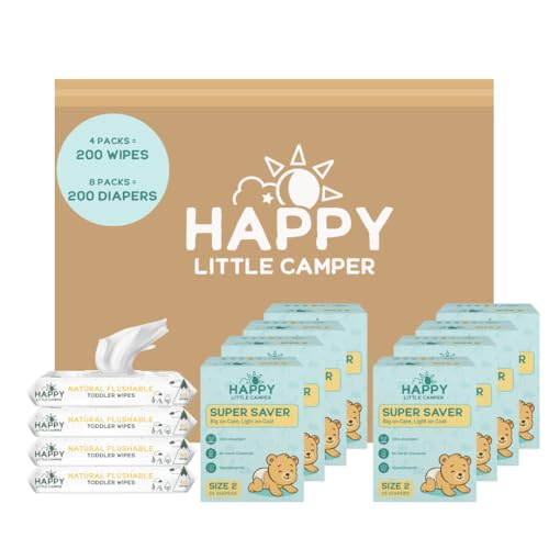 Happy Little Camper Ultra-Absorbent Super Saver Baby Diapers Size 2 - Hypoallergenic Unscented & Chlorine-Free Disposable Diapers (200 Count) Come with Flushable Wipes (200 Count) for Sensitive Skin