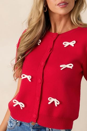 Image of Kedera Women's Casual Short Knit Bow Sweater Crew Neck Puff Sleeve Shirts Sweater Loose Blouses Tops
