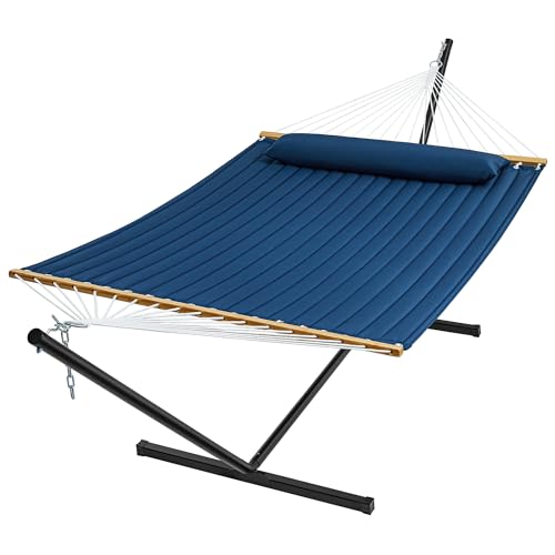 SUPERJARE Hammock with Stand, 2 Person Quilted Outdoor Hammock, Detachable Pillow & Bamboo Spreaders, Portable Hammock with Carrying Bag, Heavy Duty Stand, Perfect for Outside, Patio, Navy Blue