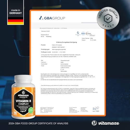 Vitamin B Komplex hochdosiert & vegan, 180 Tabletten für 6 Monate, B1, B2, B3, B5, B6, B7, B9, B12 Vitamine in einer Tablette, Natürliche Nahrungsergänzung ohne Zusatzstoffe, Made in Germany