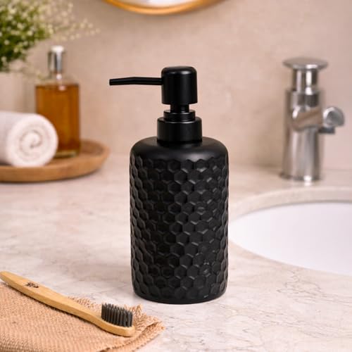 Image of MARKET 99 Black Diamond Cut Bathroom Accessories Set of 2 | Matte Black Polyresin Soap Dispenser & Toothbrush Holder | Luxury Bathroom Organizer Set for Vanity & Wash Basin