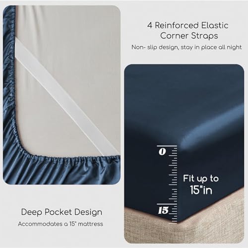 Image of MR&HM Satin Bed Sheets with Elastic Corner Straps, King Size Sheets Set, 4 Pcs Silky Bedding Set with 15 Inches Deep Pocket for Mattress (King, Mood Indigo)