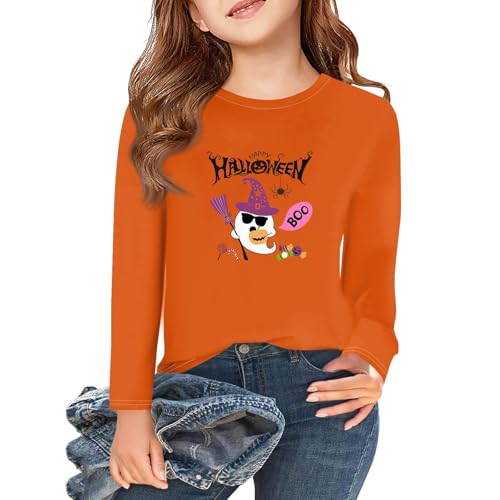 Girls Halloween Long Sleeve Shirt Halloween Pumpkin Print Top Kids Fall Holiday Casual Crewneck Tee - Main Image
