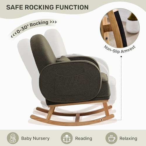 Image of HCHAIRH Rocking Chair with Ottoman, Upholstered Glider Rocker with High Backrest and Side Pocket, Rocking Accent Armchair with Solid Wood Legs for Nursery /Living Room /Bedroom Green