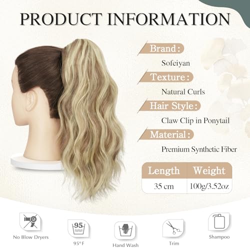 Sofeiyan 14'' Ponytail Extension Curly Clip in Claw Hair Extensions Natural Wavy Looking Synthetic Hairpiece for Women Light Ash Brown Mix Bleach Blonde - Image 2
