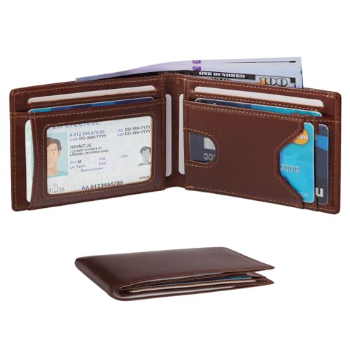 bifold leather wallets for men rfid blocking,slim mens minimalist wallet 8 card slot with 1 ID window（coffee）2