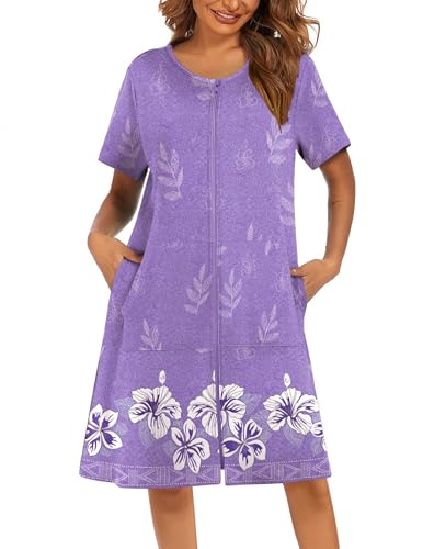 Image of Ekouaer Women Robes Lightweight House Coat Short Sleeve Floral Print Mumu House Dresses with Pockets Zipper Nightgowns