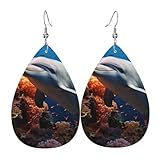 Pendientes de lágrima de cuero para mujer, diseño de delfín sobre coral, ligeros, joyería de moda, regalos para mujeres y mujeres