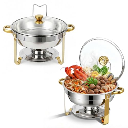 food Warmer Server Chafing Dish Buffet Set Round Catering Warmer Server Stainless Steel with Glass Lid Water Pan Lid Stand Fuel Holder Cover (2pcs)