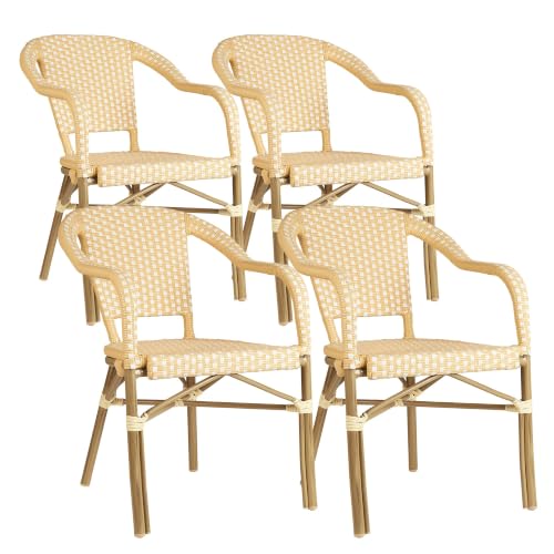 Image of PURPLE LEAF French Bistro Chairs with Arms Set of 4, Bamboo Finish, Yellow