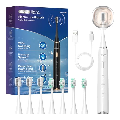Seago cepillo de dientes eléctrico sónico, cepillo electrico ultrasónico con sensor de presión, 60 días uso, 8 cabezales, soporte y temporizador, 5 modos, IPX7 impermeable, SG2782, Blanco