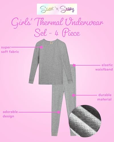 Sweet & Sassy Girls Thermal Underwear Set - 4 Piece Waffle Knit Thermal Long Sleeve and Long Johns Base Layer (Sizes 2T-16)2
